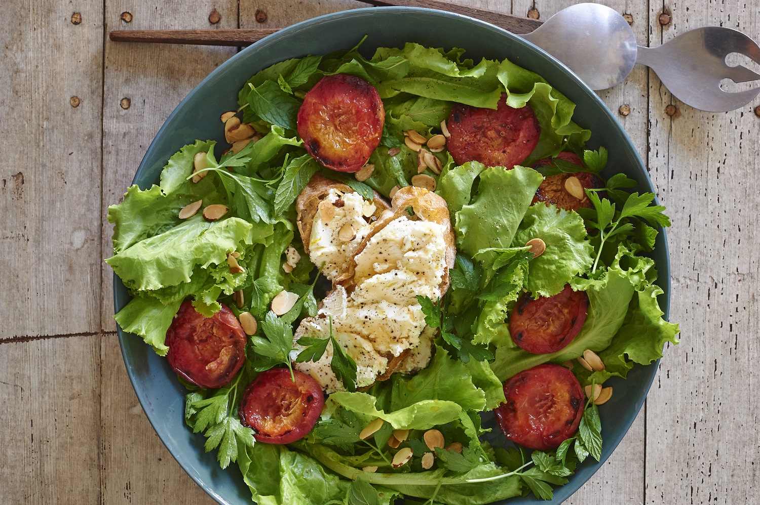 Butter Lettuce and Broiled Peach Salad with Sheep's Cheese Toasts